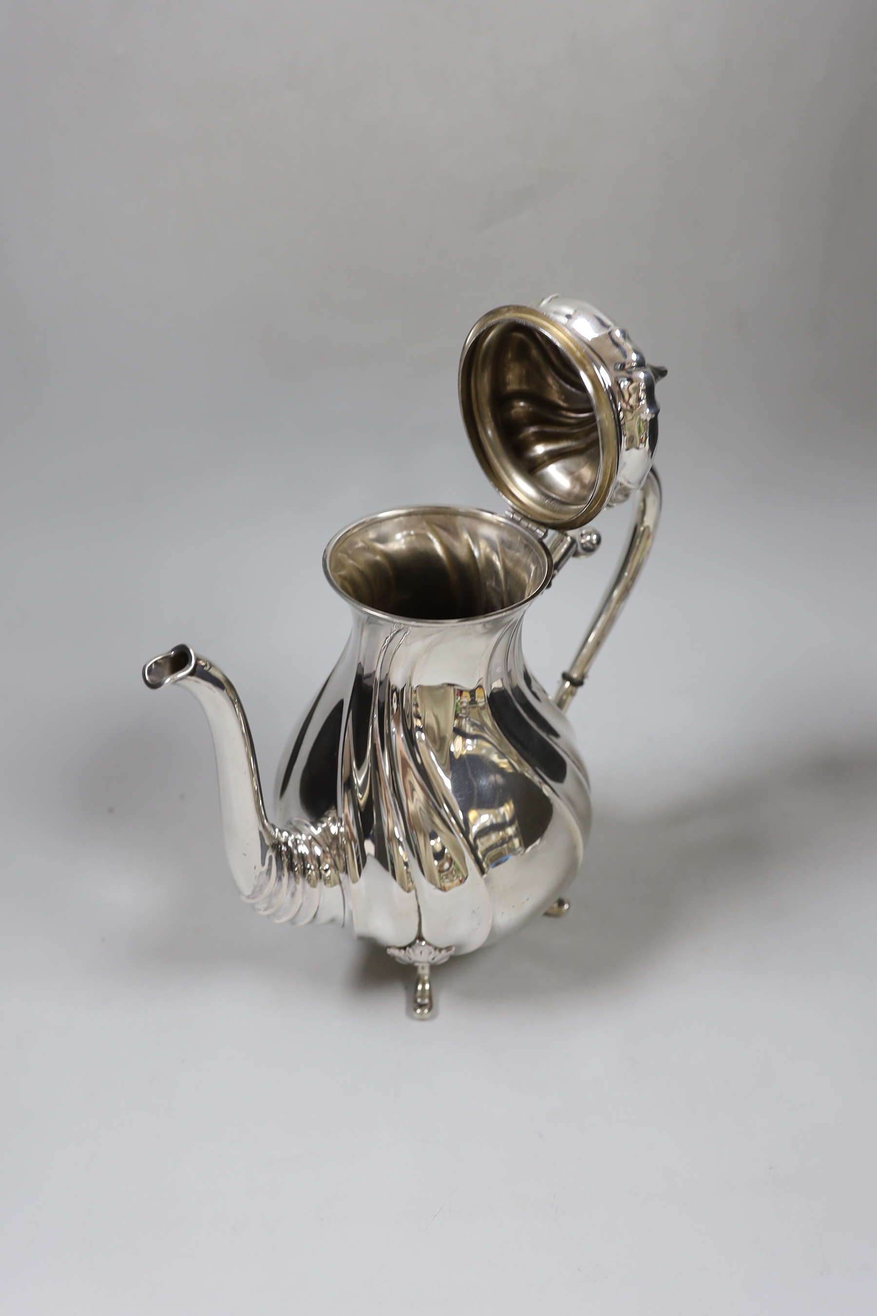 An early 20th century Danish white metal coffee pot, dated for 1917, height 27.6cm, gross weight 21.6oz.